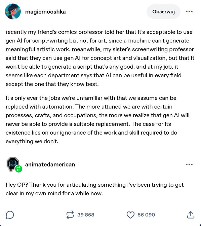 Tumblr post discussing generative AI's impact on script-writing and art