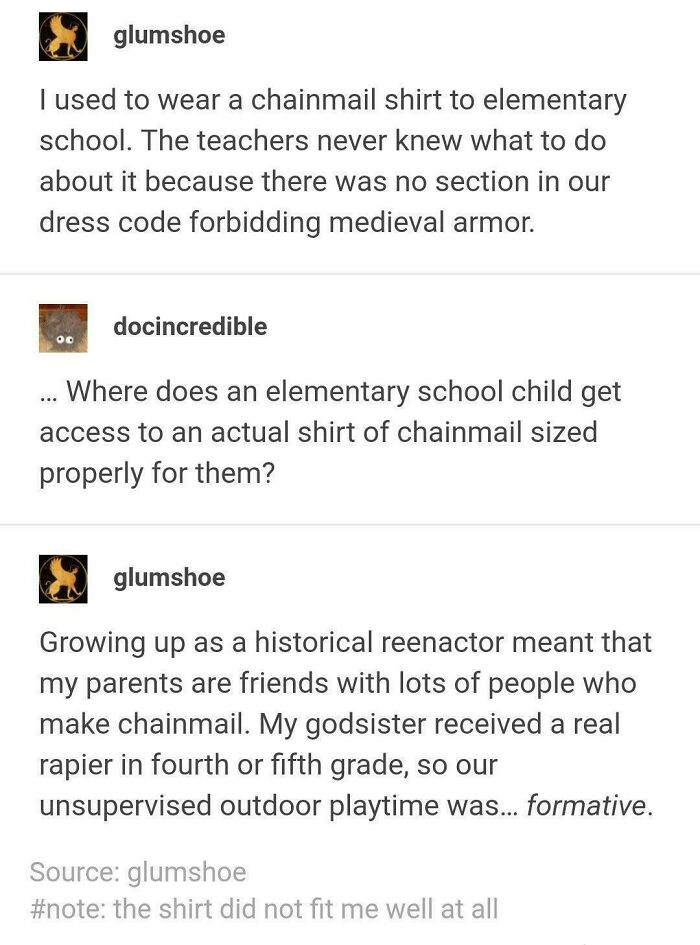 Tumblr posts about wearing a chainmail shirt to elementary school and historical reenactment experiences