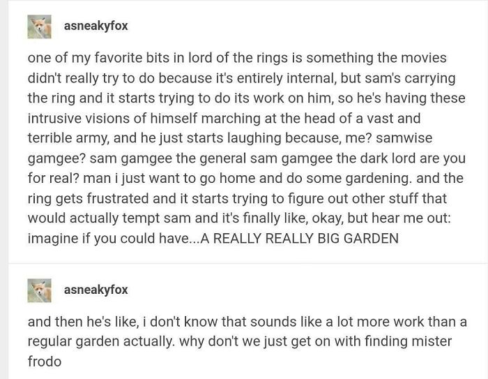 Tumblr text post humorously discussing Lord of the Rings and Samwise carrying the ring