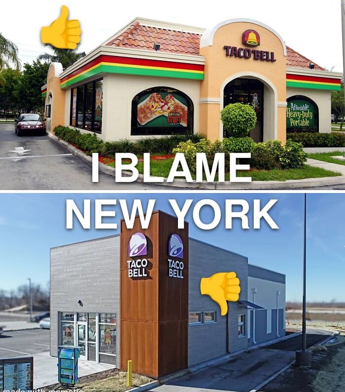 Meme comparing classic and modern Taco Bell building designs with thumbs up and down
