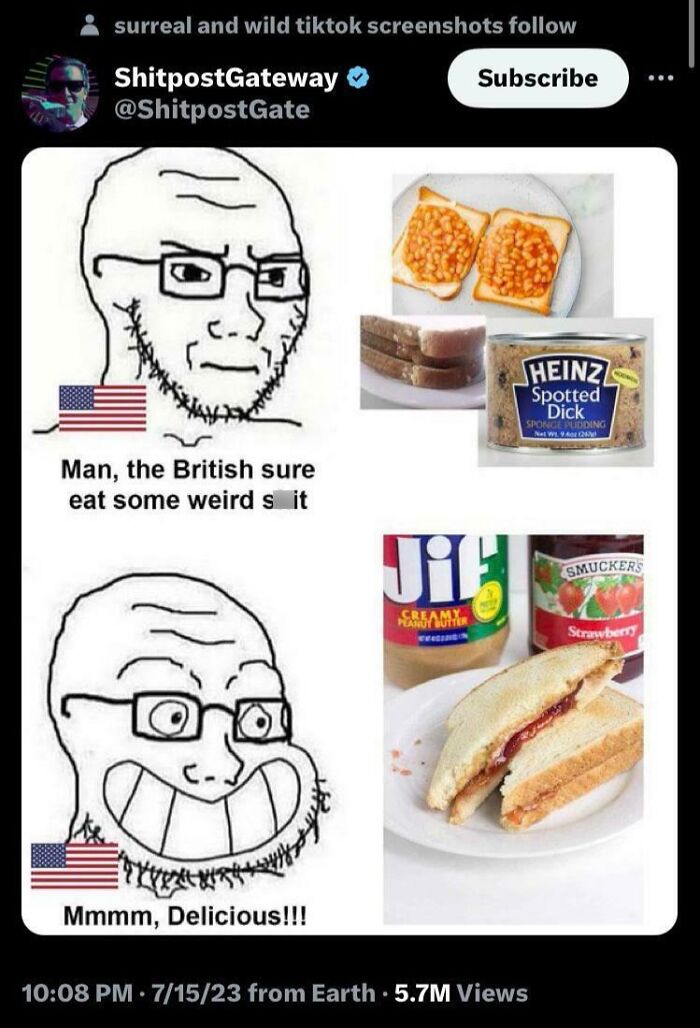 Meme comparing weird British food to American peanut butter and jelly sandwich