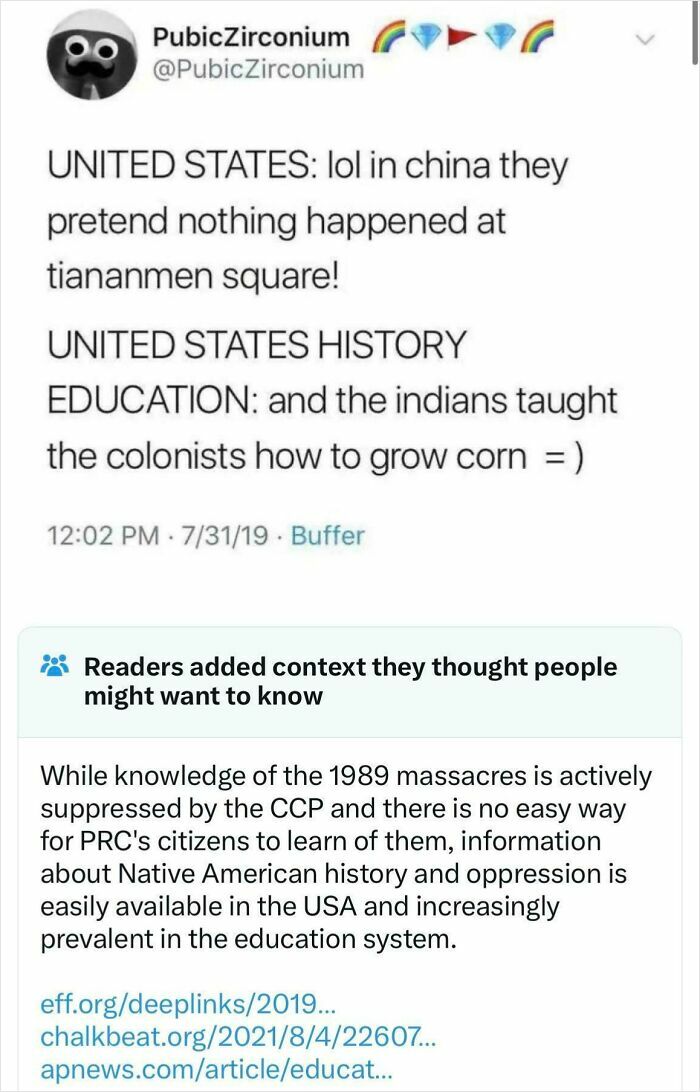 Tweet comparing USA history education on Native Americans versus China censorship