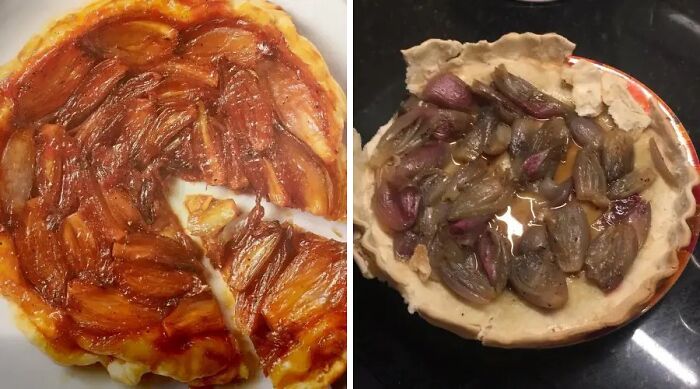 Failed cooking attempts showing burnt and unappetizing pies with onions and fruits