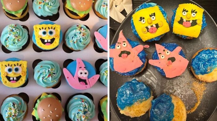 Poorly executed dessert with messy icing and candy eyes