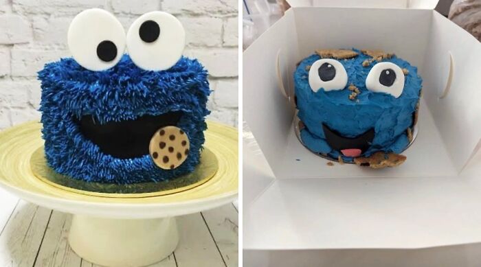 Cookie Monster cake versus a messy cake fail from attempted baking
