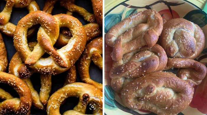 Comparison of perfect versus failed pretzels showing cooking fails