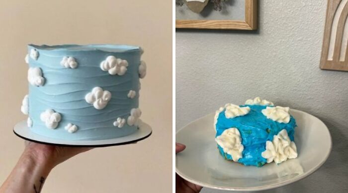 Blue cake with white cloud decorations and imperfect homemade blue cloud cake side by side