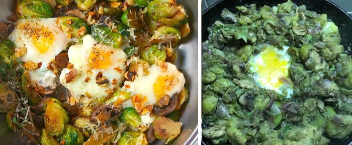 Cooking fails with overcooked brussels sprouts and unevenly cooked eggs
