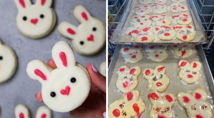 Bunny-shaped cookies spreading and melting unevenly on baking trays