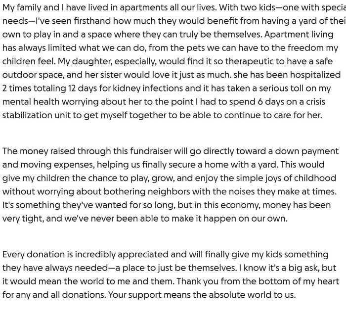 Screenshot of a fundraising description illustrating how entitled people ask for house down payment donations.