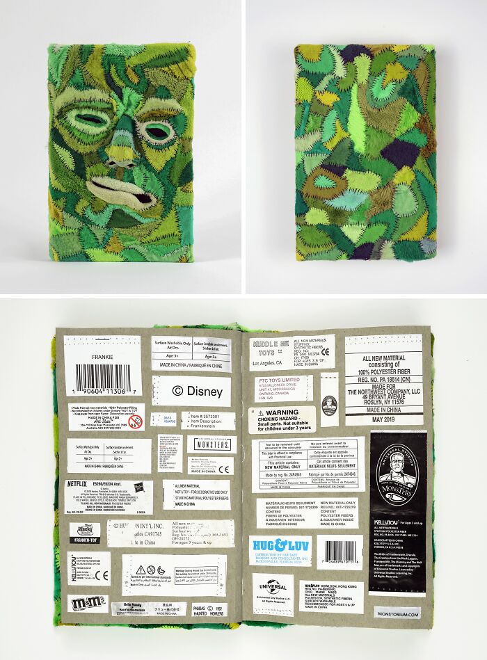 Green patchwork fabric face mask in stitched plush material as part of unusual sculptures.