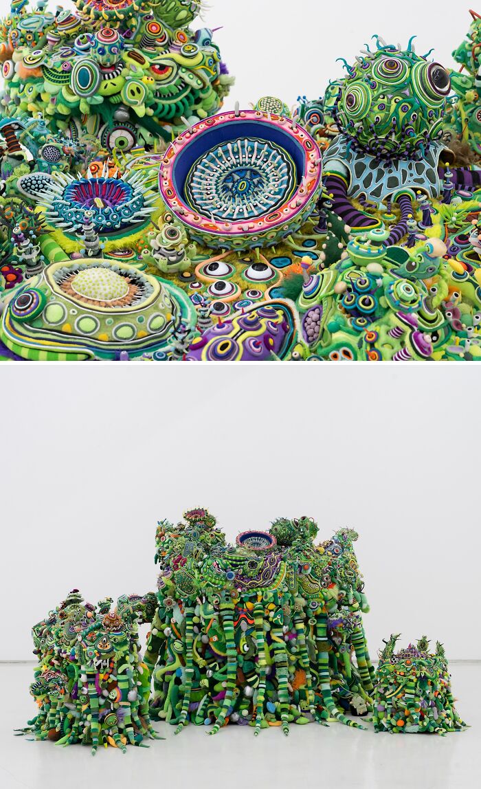 Extremely detailed, colorful fabric sea life structures representing unusual sculptures.