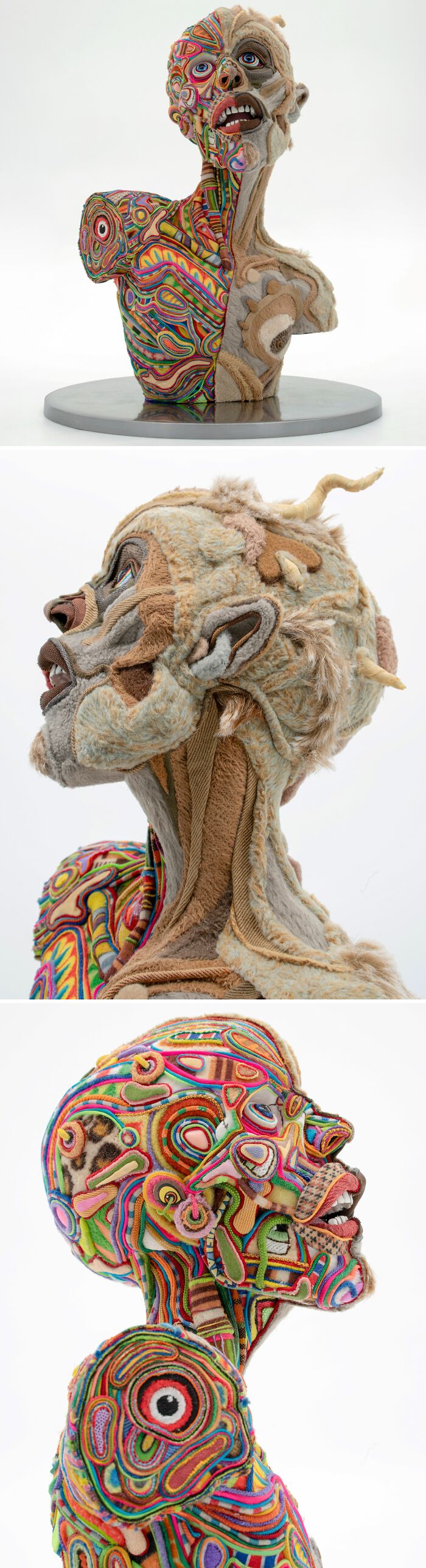 A split-design human bust featuring half colorful yarn patterns and half beige textured fabrics in unusual sculptures style.