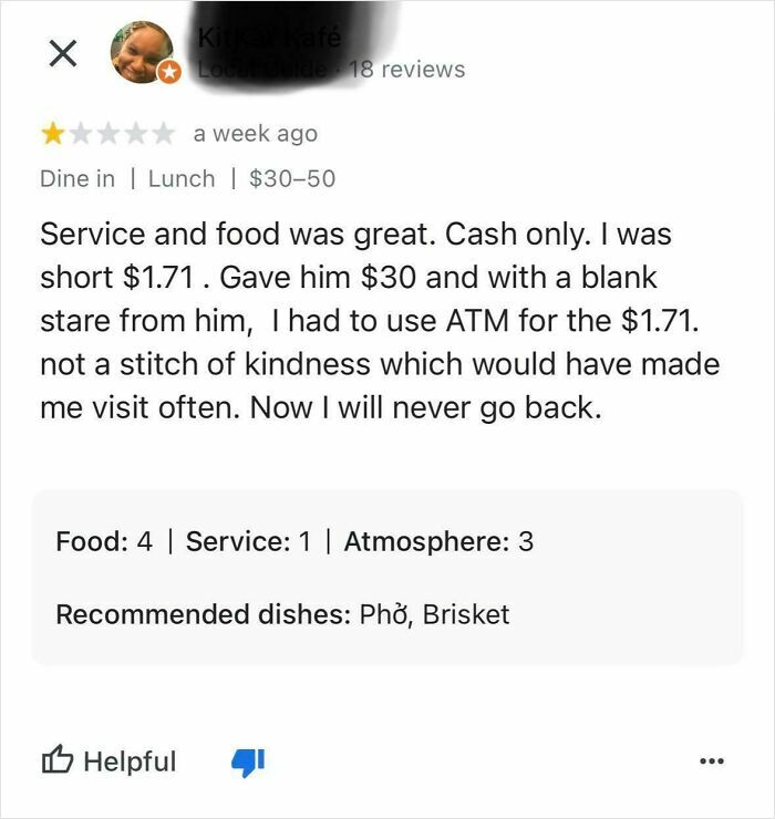 A restaurant review screenshot showing entitled people leaving a low rating because they had to pay fully.