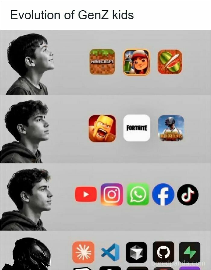 Hilariously ridiculous memes about the age evolution of Gen Z from gaming to coding.