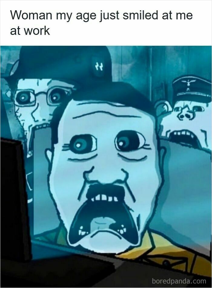 A shocked cartoon character looking at a screen, featured in relatable funny memes