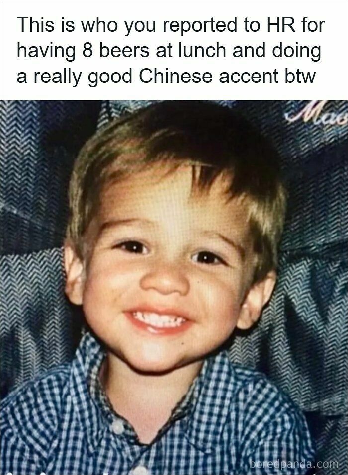 A funny meme featuring a childhood photo of a boy smiling with a humorous caption about HR and beers.