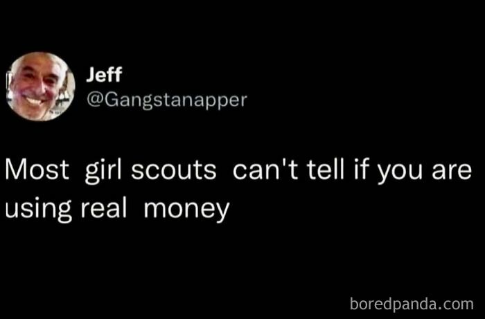A screenshot of a humorous tweet about girl scouts, displaying ridiculous memes with dark humor.