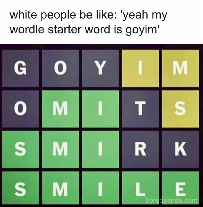 A screenshot of wordle starter word meme showing a funny puzzle combination.