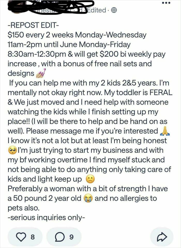 A social media post showing entitled people offering extremely low pay for demanding babysitting services.