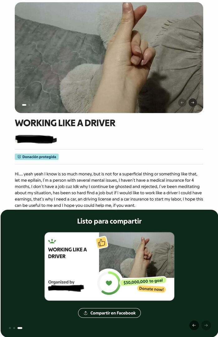 A screenshot showing a GoFundMe page from entitled people asking for 30 million dollars to work as a driver.