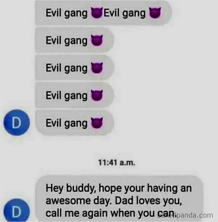 Funny text exchange showing evil gang texts followed by a wholesome dad text, perfect for ridiculous memes.