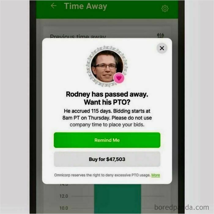 A funny mobile screen mockup about bidding on a coworker's PTO, serving as one of the hilariously ridiculous memes.