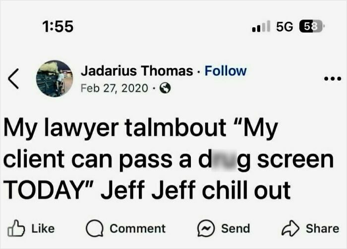 Social media screenshot showing a lawyer and client conversation in a funny meme format.