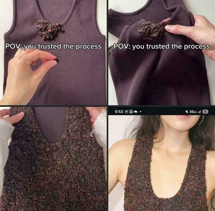 Step by step photos of a questionable DIY projects attempt making a top covered in raisins.