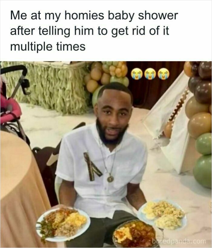 Funny reaction meme of a man holding plates of food at a baby shower, great for ridiculous memes.
