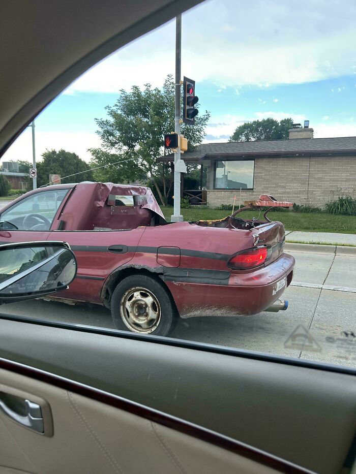 Questionable DIY projects example showing a red car modified into a homemade pickup truck.