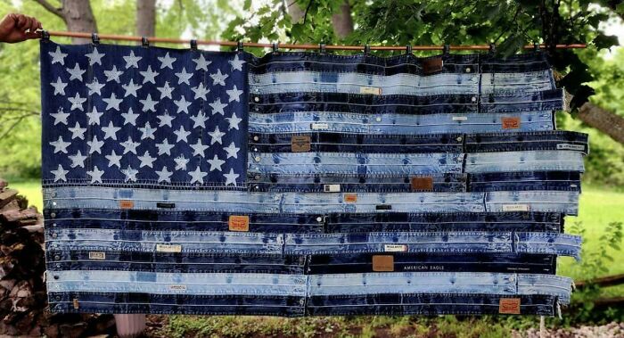 American flag made entirely out of denim waistbands as one of the questionable DIY projects online