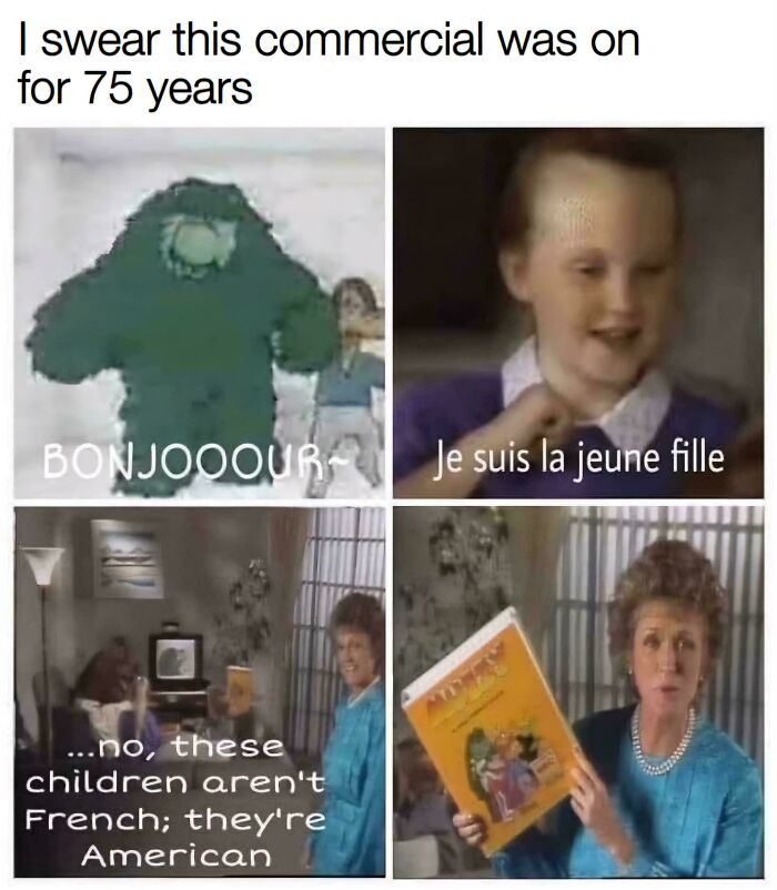 Classic Muzzy French language learning commercial frames from the 1990s.