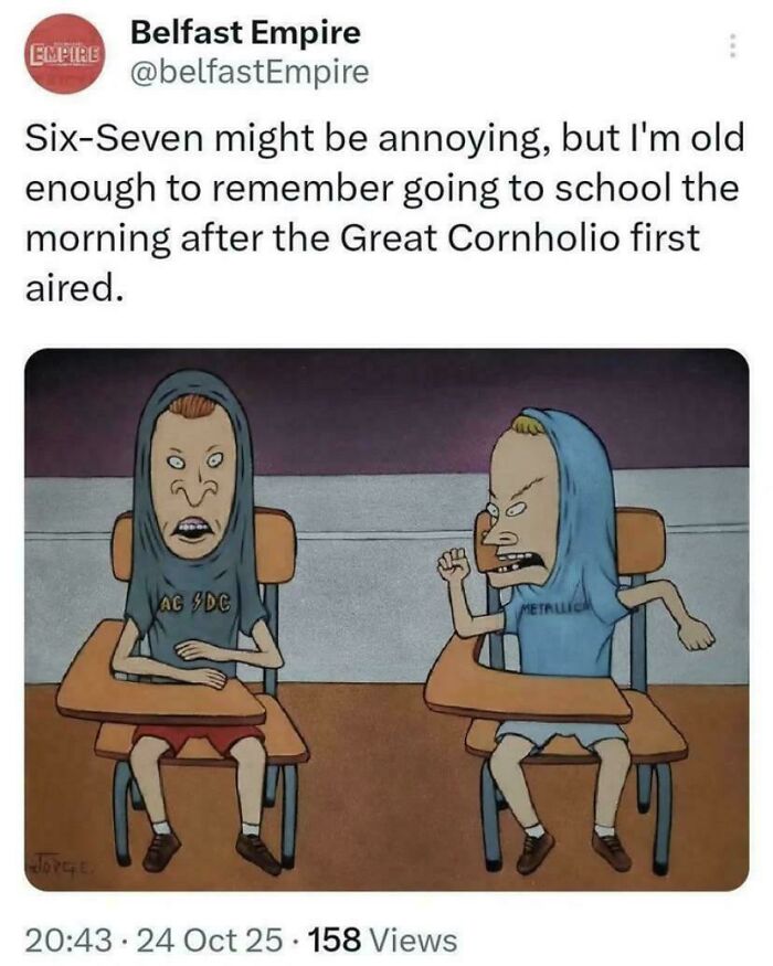 Screenshot of Beavis and B**t-Head cartoon characters with shirts over their heads in a classroom.