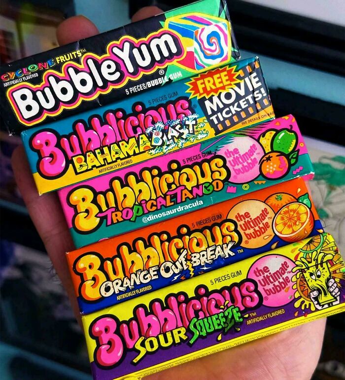 Vibrant packages of Hubba Bubba and Bubblicious bubble gum from the 1990s.
