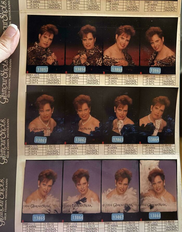 A sheet of 1990s Glamour Shots portraits featuring a woman with big hair and leopard print styling