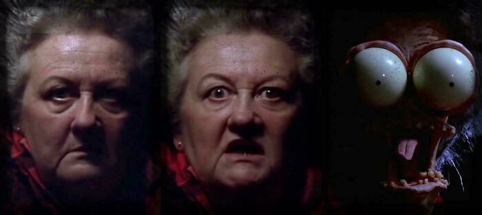 Large bulging eyes scare scene from a 90s classic movie