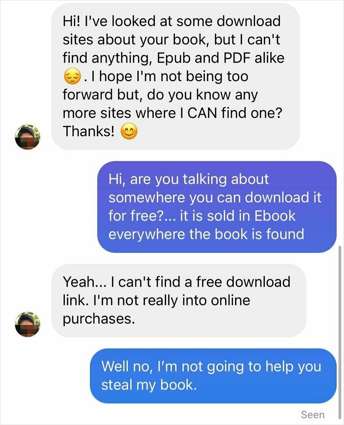 Chat screenshot where entitled people ask an author for free book download sites to avoid buying the book.