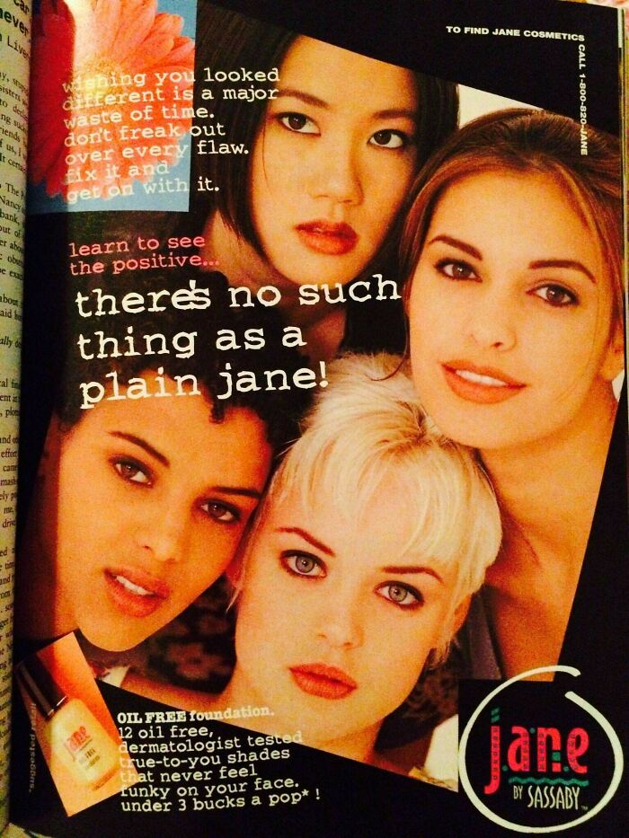 A retro print advertisement for Jane Cosmetics featuring four young women from the '90s.
