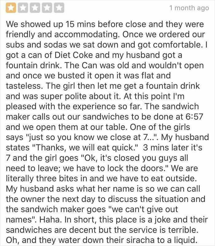 A screenshot of a 1-star review showing extremely entitled people complaining about a sandwich shop closing on time