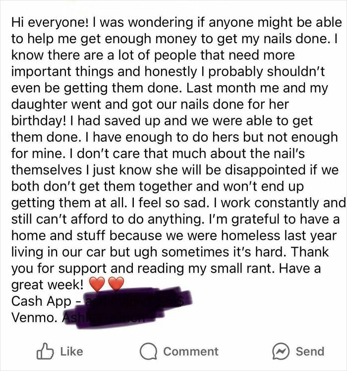 Facebook post showing entitled people asking for money online to get their nails done.