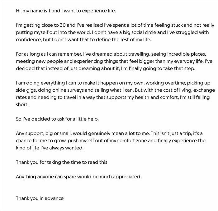 Social media text post of entitled people asking the internet to fund their travel dreams.
