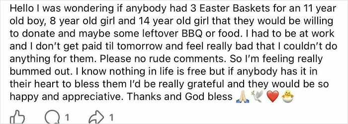 A social media post from entitled people asking for free Easter baskets and BBQ food.