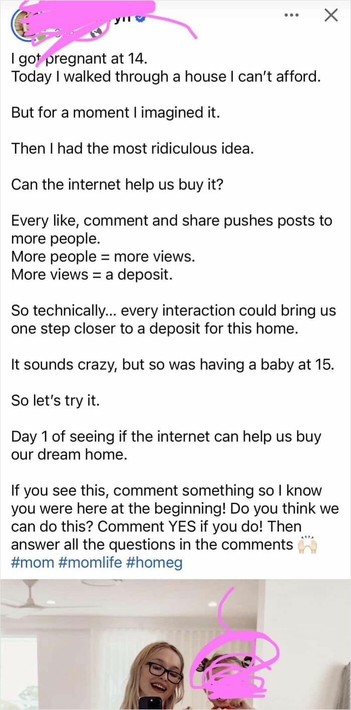 A social media post where an entitled person asks followers to buy her a dream house.