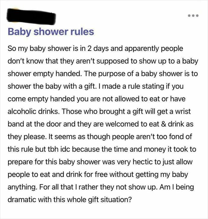 A post detailing baby shower rules, showcasing entitled people demanding gifts in exchange for party food.