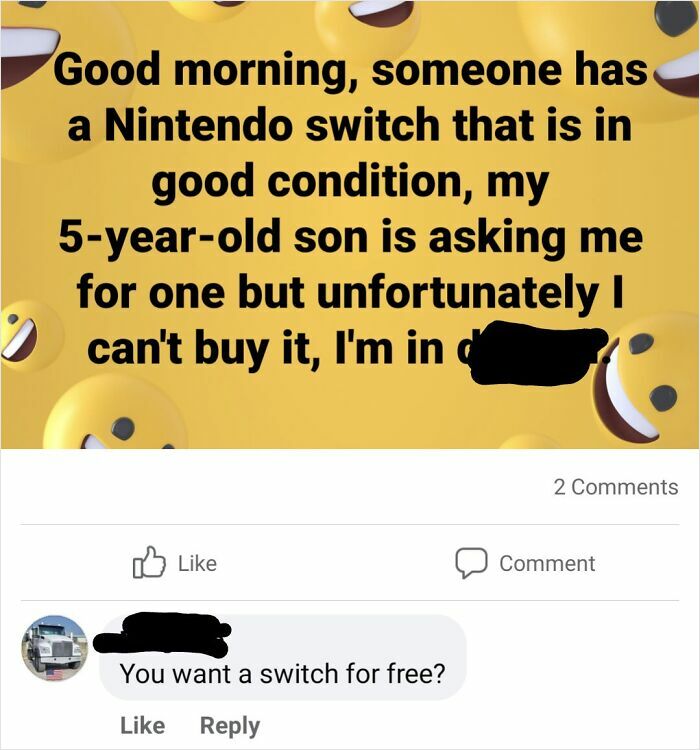 Facebook post showing entitled people asking for a free Nintendo Switch console for their kid.