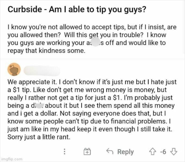 Reddit post of entitled people complaining about receiving a one dollar tip for curbside service.
