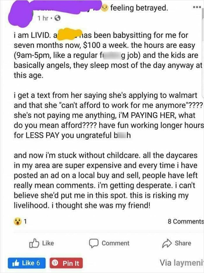 A Facebook post screenshot of entitled people complaining about their underpaid babysitter quitting.