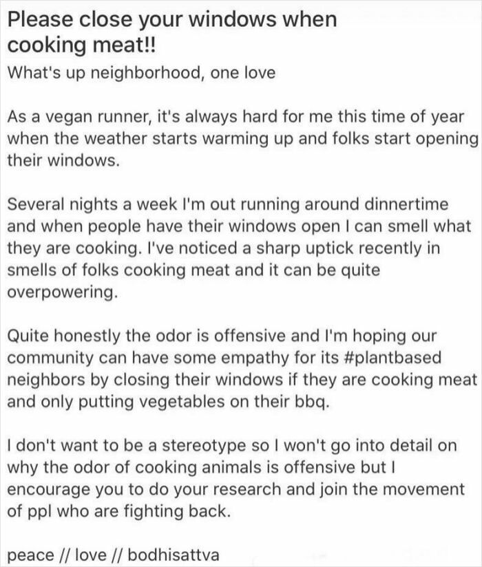 A social media post by entitled people demanding neighbors close windows when cooking meat.