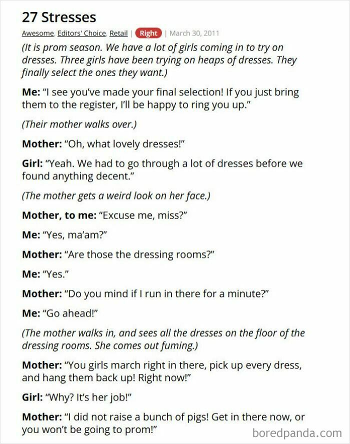 Prom dress shopping story with mom scolding daughters to clean dressing room
